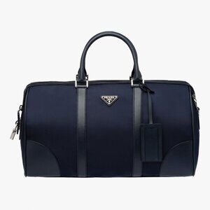 Prada Bleu Tessuto Saffiano-Leather-Trim Duffle Bag